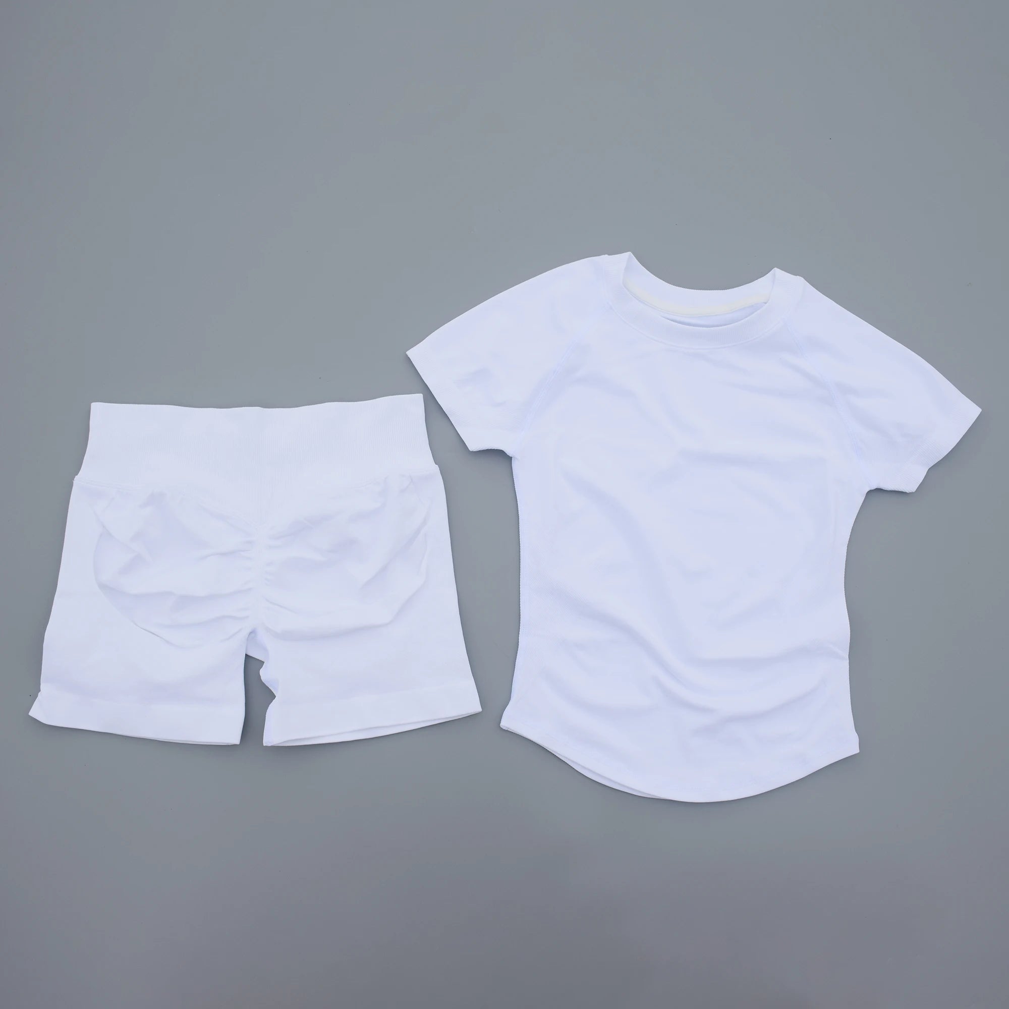 2Pcs Seamless Yoga Set Short Sleeve Crop Top Sports Shorts