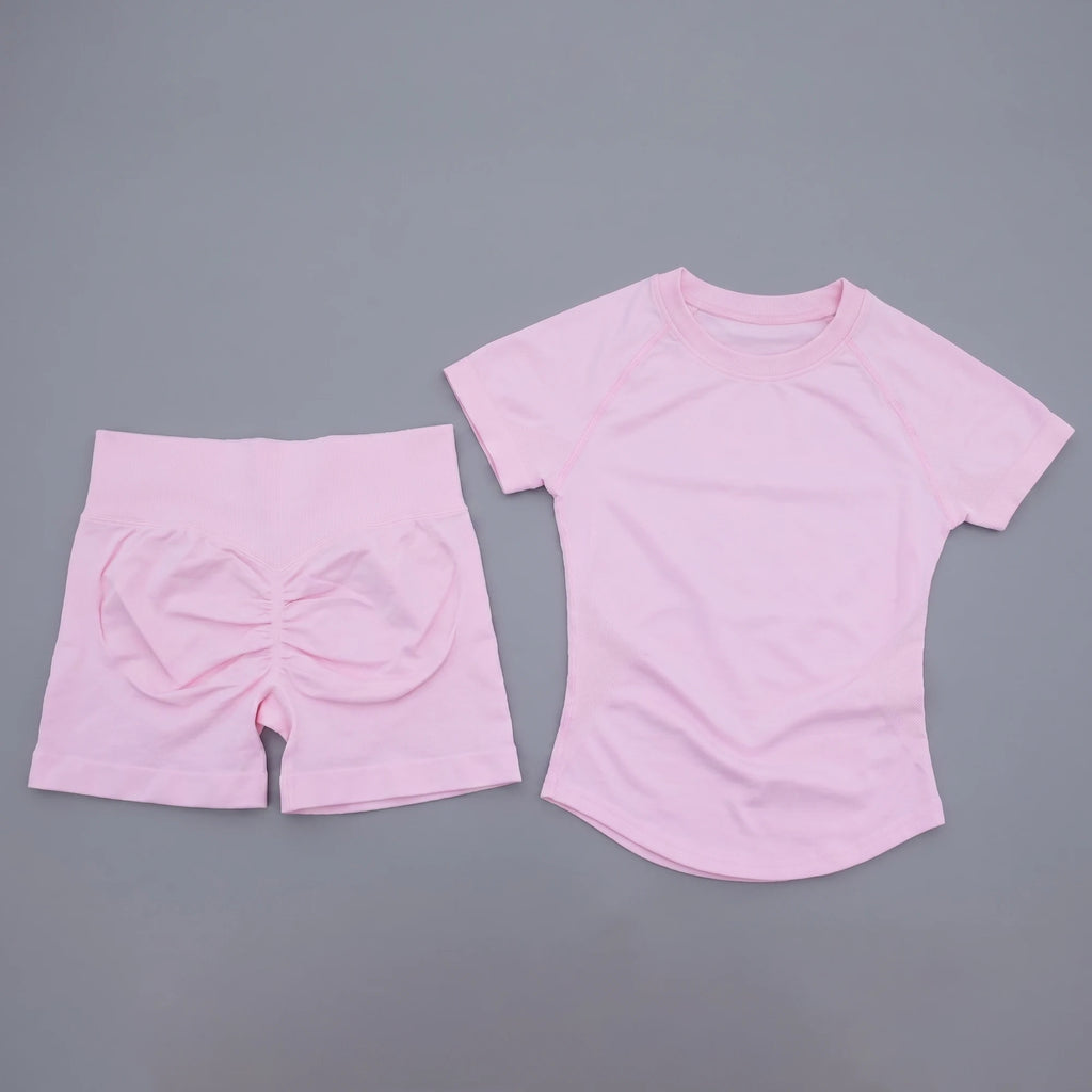2Pcs Seamless Yoga Set Short Sleeve Crop Top Sports Shorts