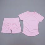 2Pcs Seamless Yoga Set Short Sleeve Crop Top Sports Shorts