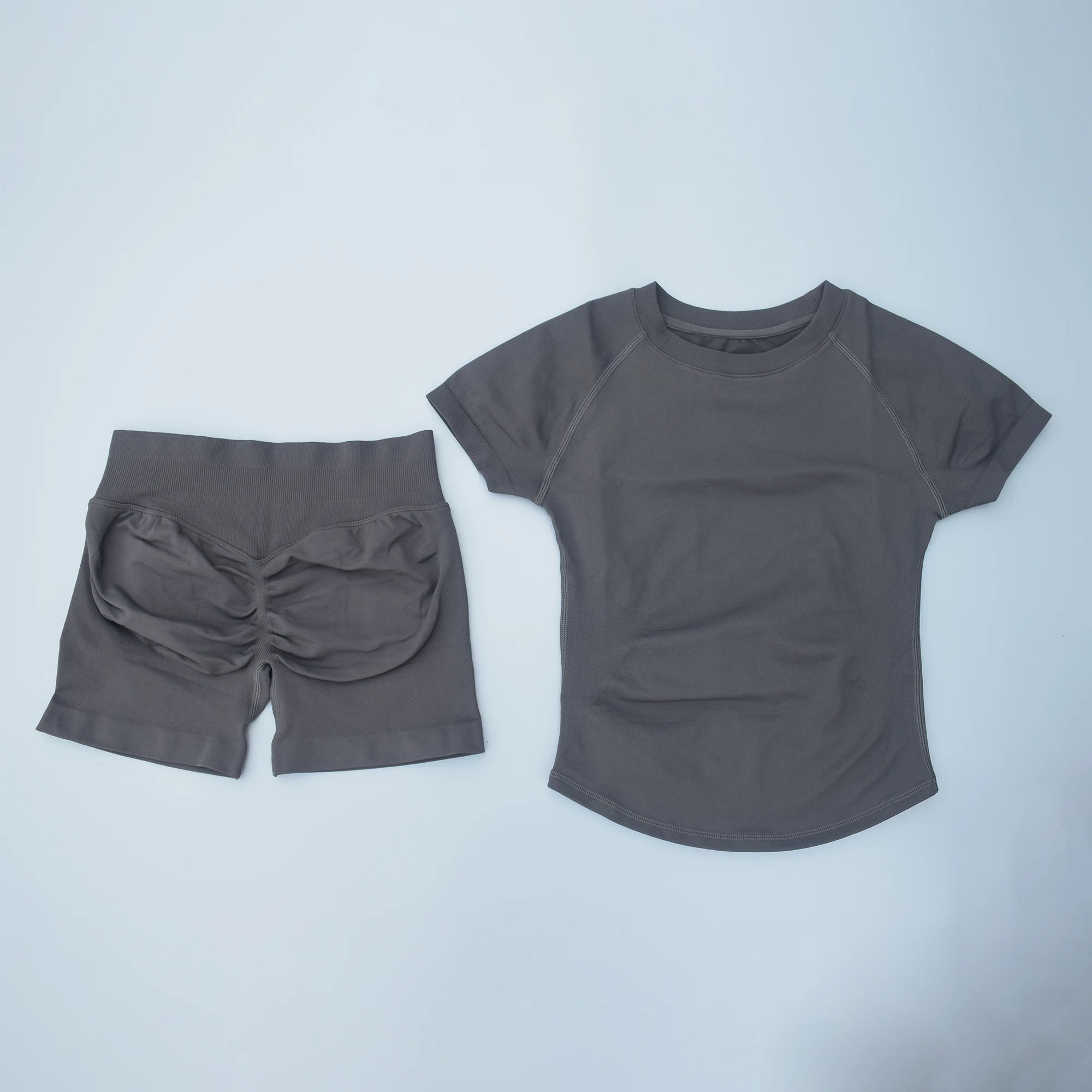 2Pcs Seamless Yoga Set Short Sleeve Crop Top Sports Shorts