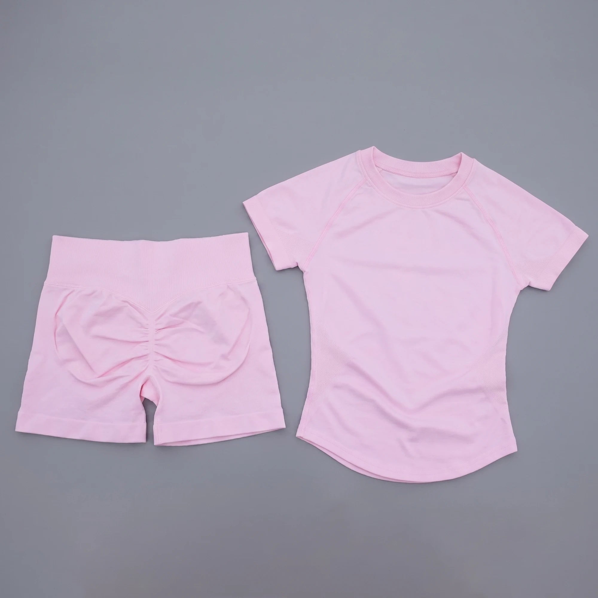 2Pcs Seamless Yoga Set Short Sleeve Crop Top Sports Shorts