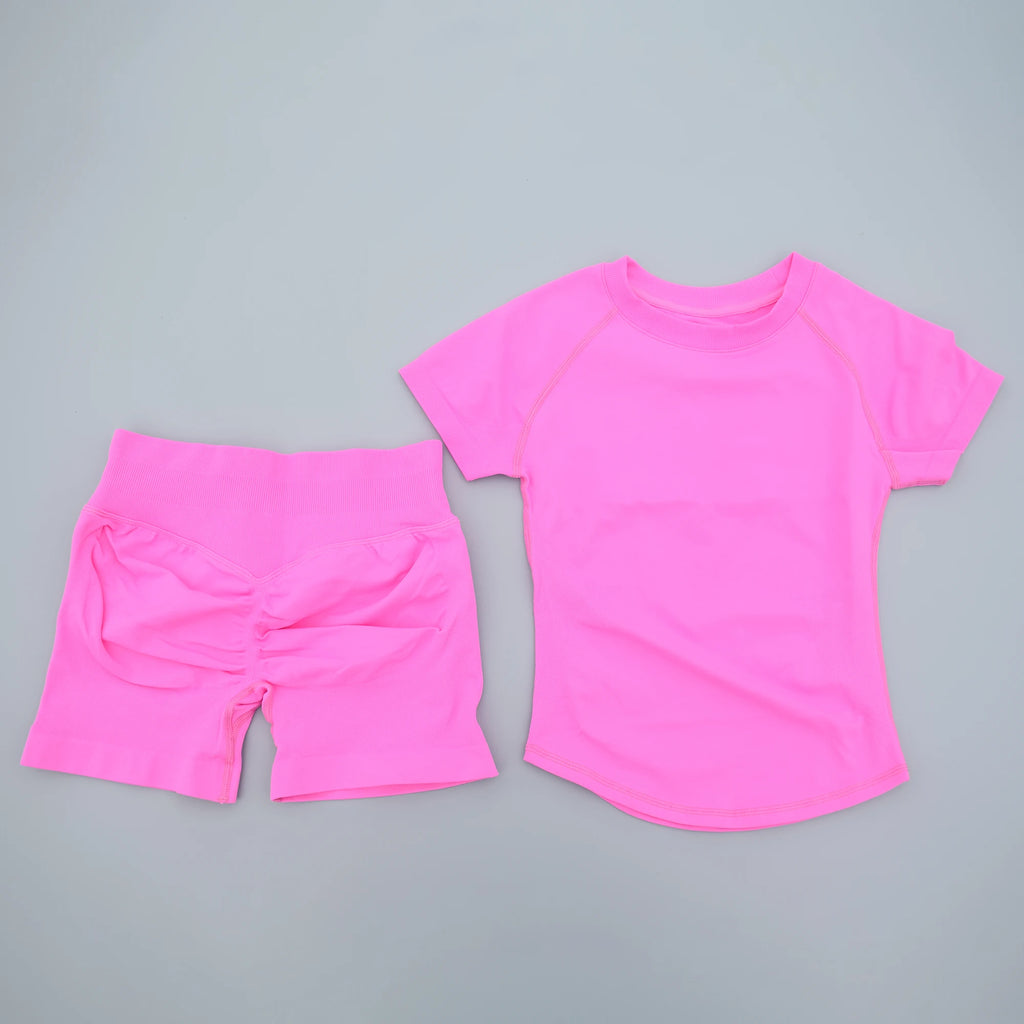 2Pcs Seamless Yoga Set Short Sleeve Crop Top Sports Shorts