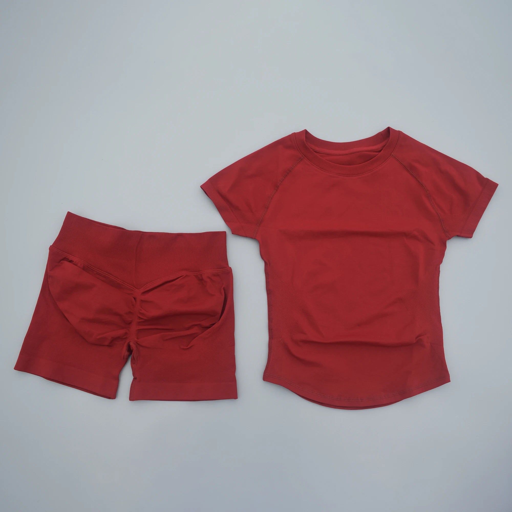 2Pcs Seamless Yoga Set Short Sleeve Crop Top Sports Shorts