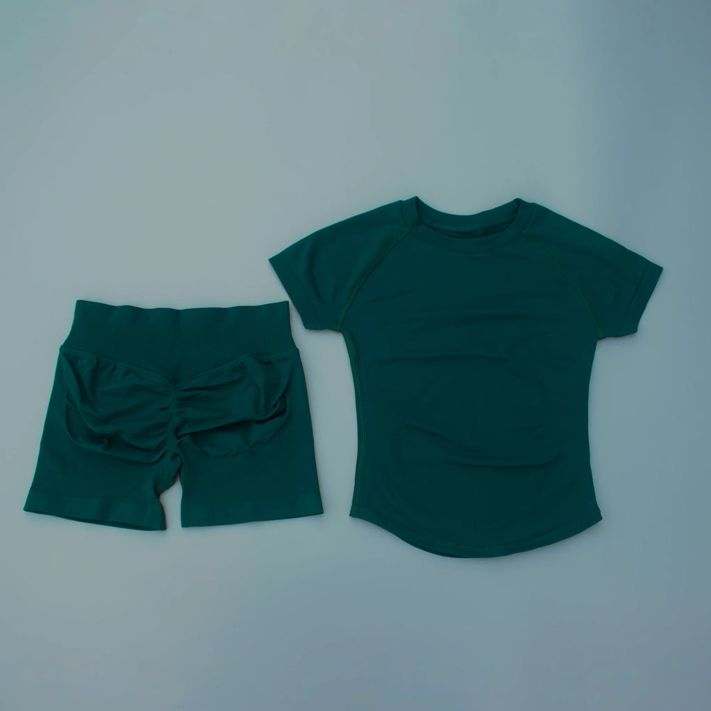 2Pcs Seamless Yoga Set Short Sleeve Crop Top Sports Shorts