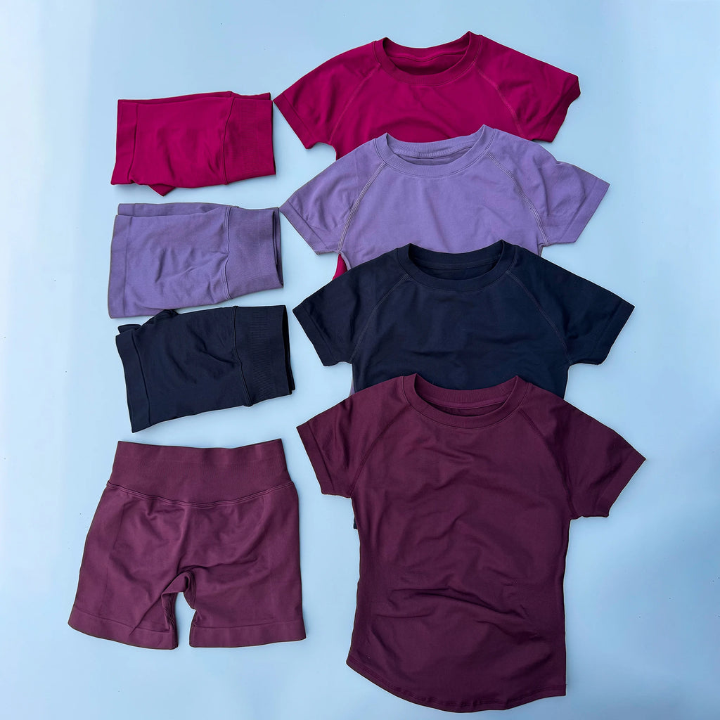 2Pcs Seamless Yoga Set Short Sleeve Crop Top Sports Shorts