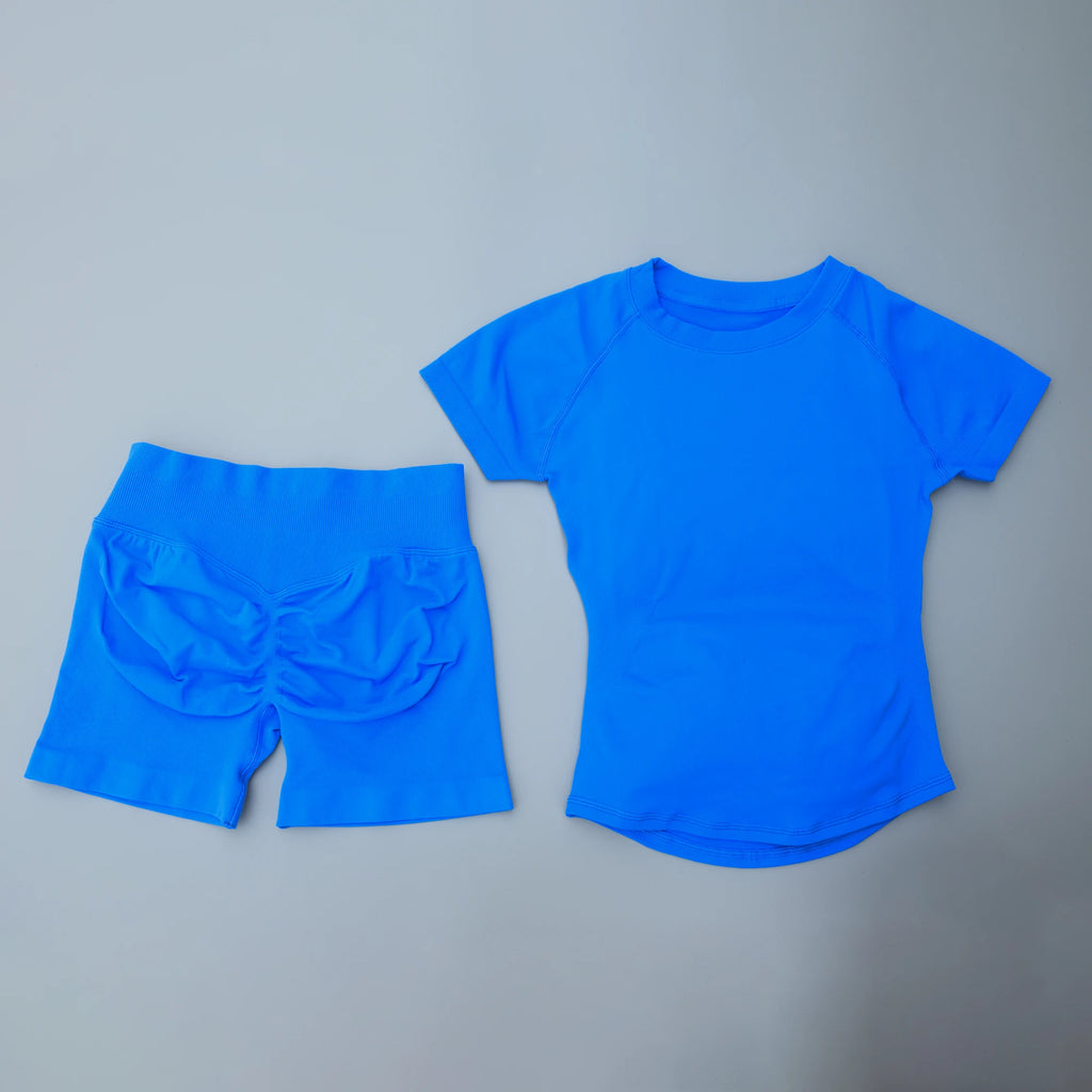 2Pcs Seamless Yoga Set Short Sleeve Crop Top Sports Shorts