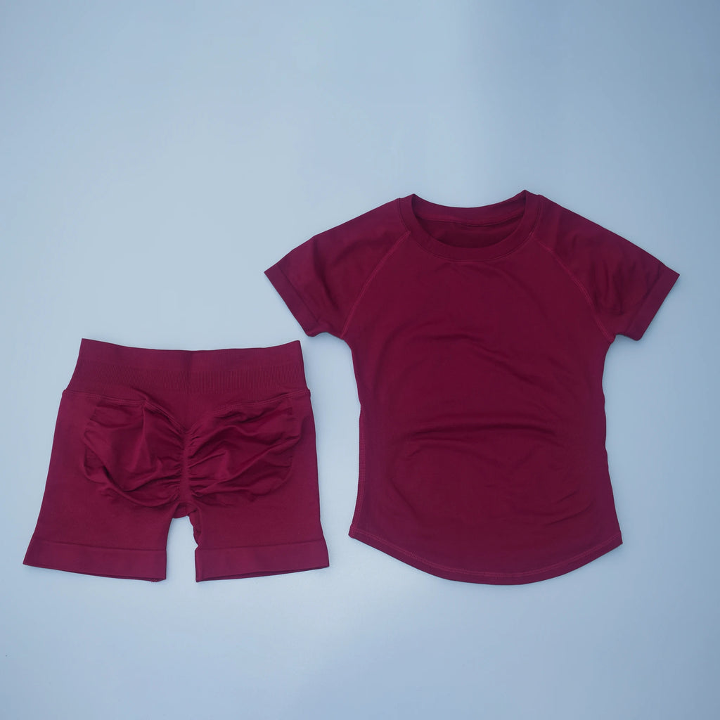 2Pcs Seamless Yoga Set Short Sleeve Crop Top Sports Shorts