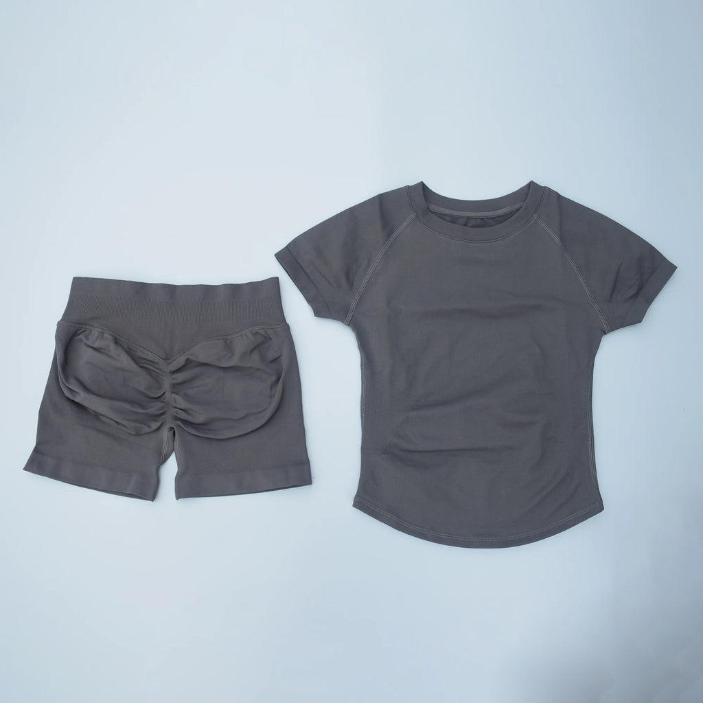 2Pcs Seamless Yoga Set Short Sleeve Crop Top Sports Shorts