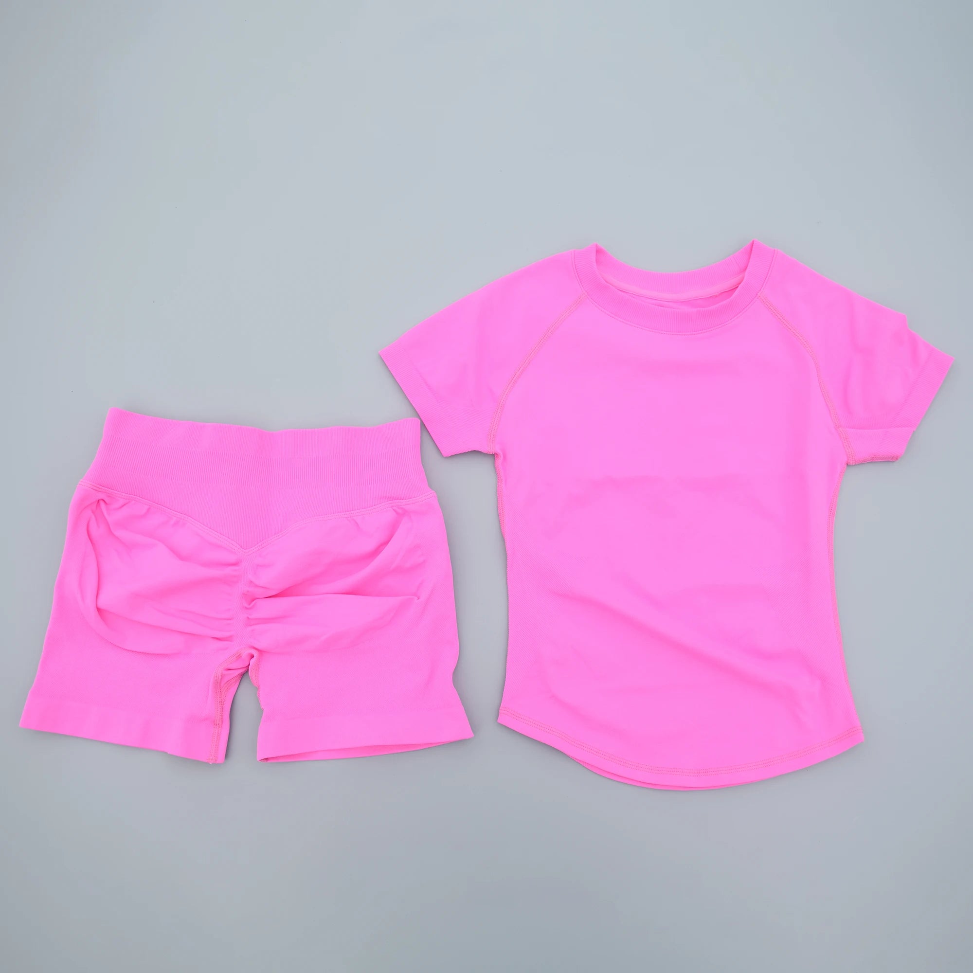 2Pcs Seamless Yoga Set Short Sleeve Crop Top Sports Shorts